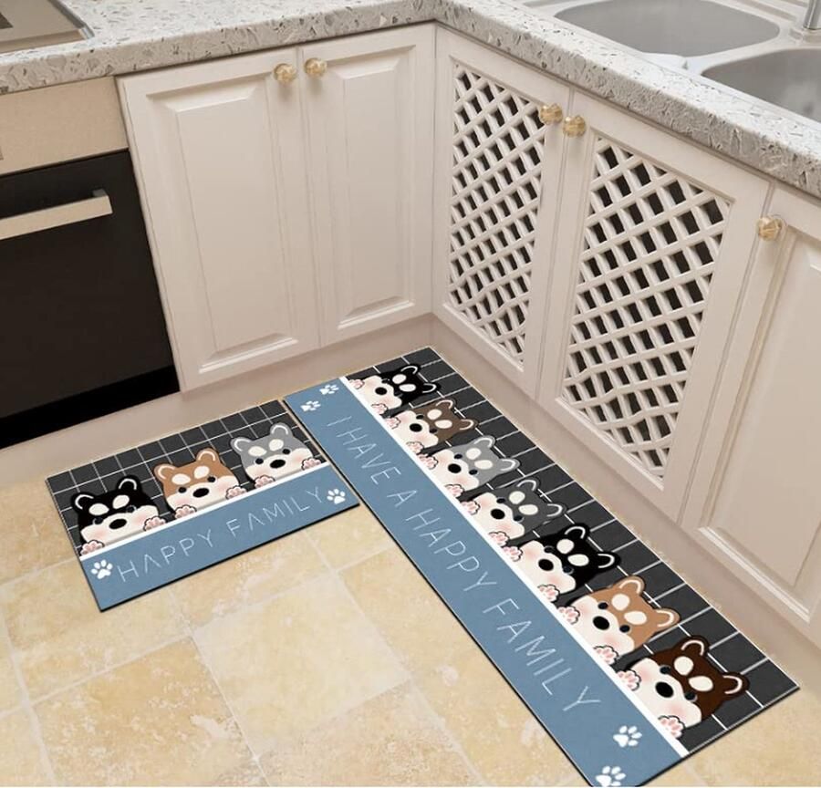 Belhome BH-105 Modern kinderkamertapijt met Happy Family-opschrift en schattige hondenprint stijlvolle woonkamertapijtset wasbare tapijtset voor keuken antislip duurzaam voor balkon badkamer en gang wasbaar goedkoopste geometrische print 40 *