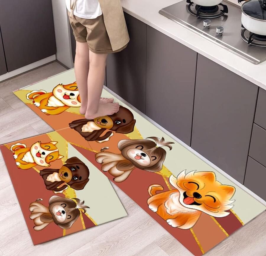 Belhome BH-109 schattige honden bedrukt modern woonkamer- en kinderkamertapijt stijlvolle woonkamertapijtset wasbare tapijtset voor keuken balkon en badkamer antislip duurzaam wasbaar goedkoopste geometrisch bedrukt 40*60 cm en 65*180 cm tweed