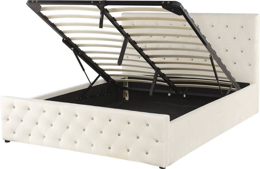 Beliani Bed met opbergruimte Fluweel AMIENS 160 x 200 cm Lichtbeige