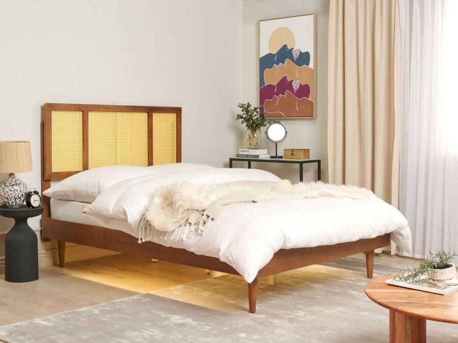 Beliani AURAY Tweepersoonsbed LED Donkerbruin 140 x 200 cm Rubberhout - Foto 1