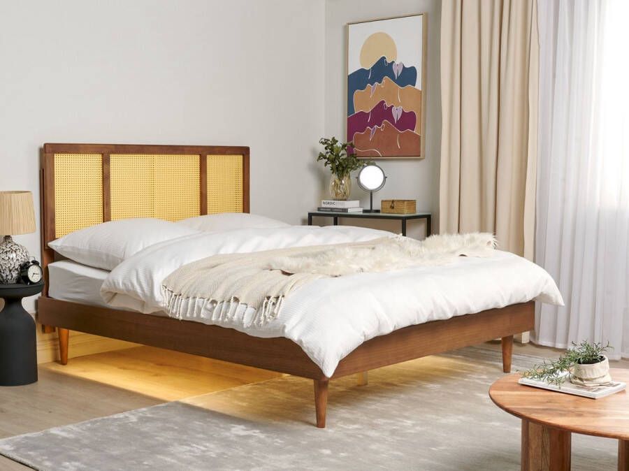 Beliani AURAY Tweepersoonsbed LED Donkerbruin 160 x 200 cm Rubberhout