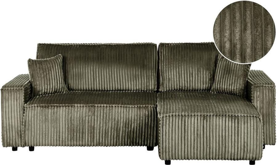 Beliani Hoekslaapbank ABACKA Corduroy Groen met opbergruimte 2-zitter Linkerzijde