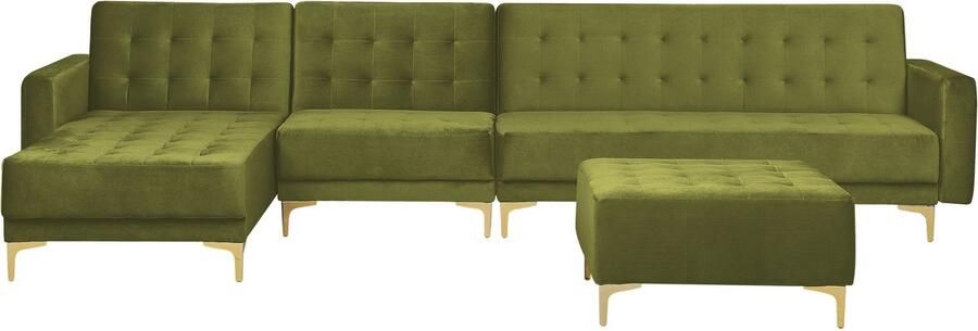 Beliani Modulaire hoekslaapbank ABERDEEN Fluweel Groen Met ottomaan 5-zitter Rechterzijde