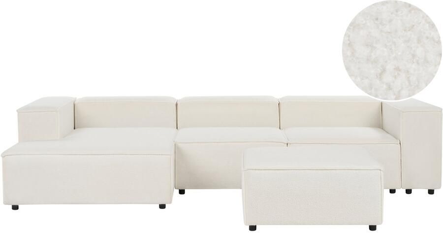 Beliani Modulaire hoekbank ARDAL Bouclé Wit Met ottomaan 3-zitter Rechterzijde
