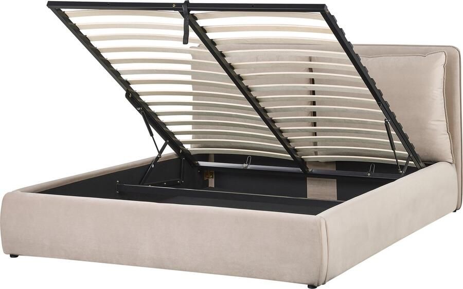 Beliani -BAJONNA-Bed met opbergruimte-Beige-160 x 200 cm-Fluweel