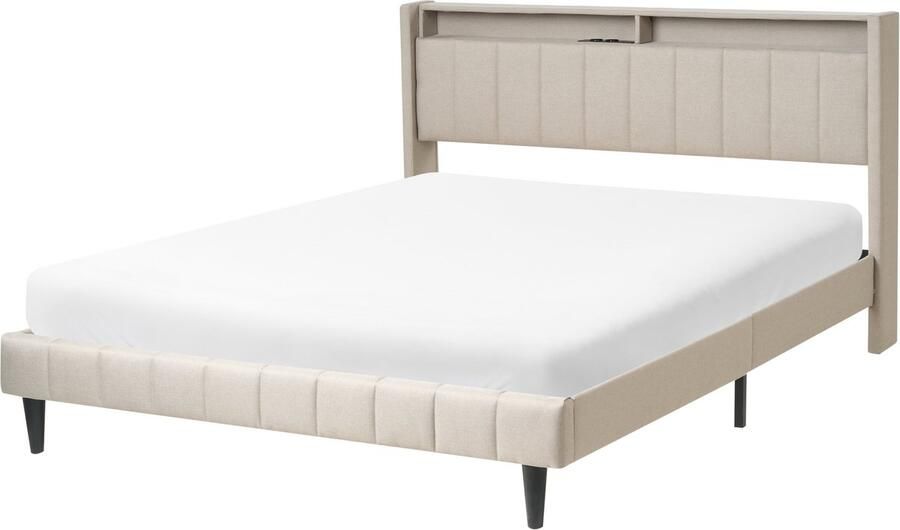 Beliani Bed met LED-verlichting Stof BEAULIEU 160 x 200 cm met opbergruimte met USB-poort Beige - Foto 2