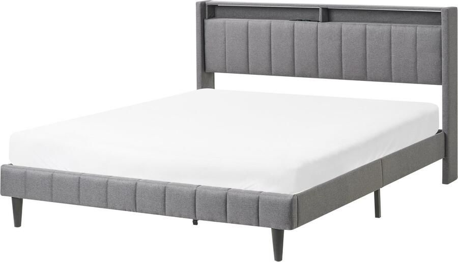 Beliani Bed met LED-verlichting Stof BEAULIEU 160 x 200 cm met opbergruimte met USB-poort Donkergrijs - Foto 2
