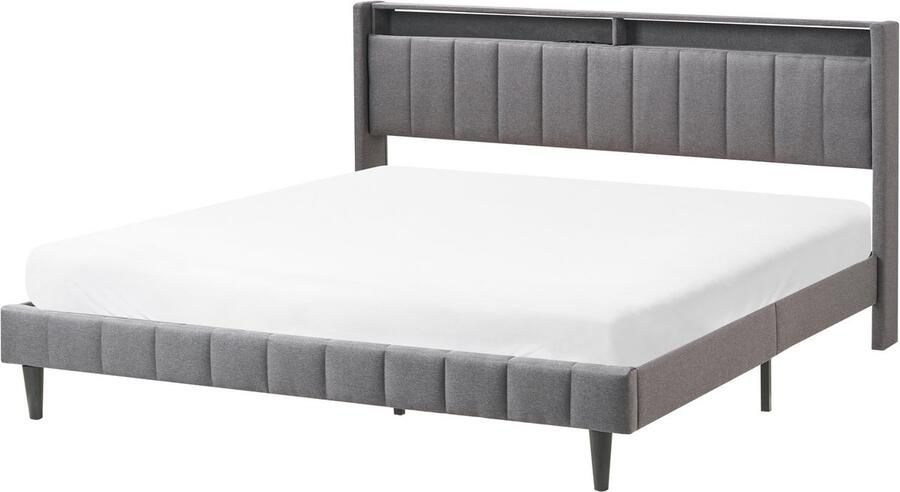 Beliani Bed met LED-verlichting Stof BEAULIEU 180 x 200 cm met opbergruimte met USB-poort Donkergrijs - Foto 2