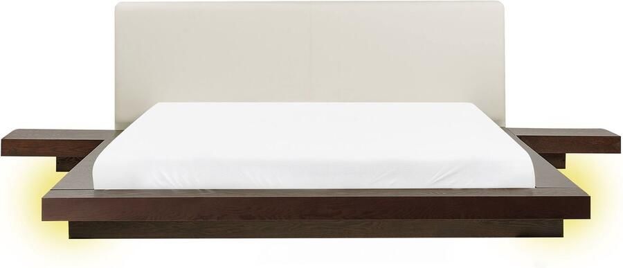 Beliani Bed met LED-verlichting Kunstleer ZEN 160 x 200 cm Donker essenhout
