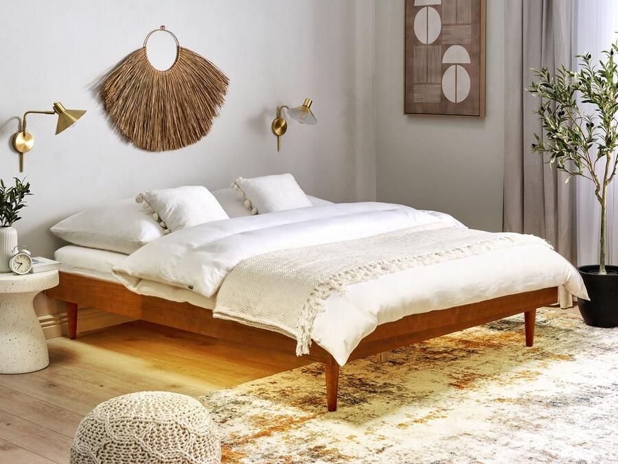 Beliani TOUCY Tweepersoonsbed met LED Lichtbruin 160 x 200 cm Rubberhout