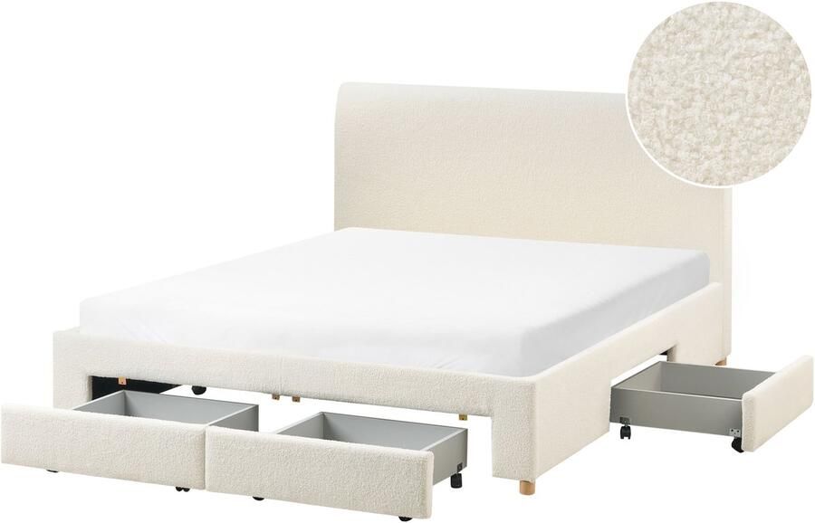 Beliani SOUTRIN Tweepersoonsbed met opbergruimte Off-white 160 x 200 cm Bouclé