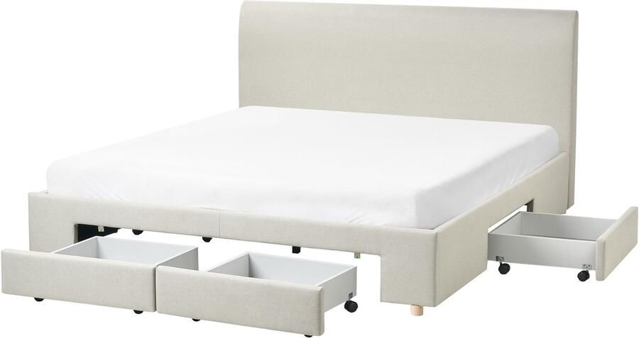 Beliani SOUTRIN Tweepersoonsbed met opbergruimte Beige 180 x 200 cm Stof