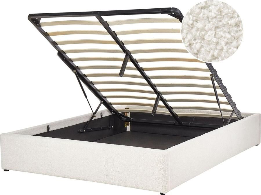 Beliani Opbergbed zonder hoofdbord Bouclé DINAN 140 x 200 cm Gebroken wit