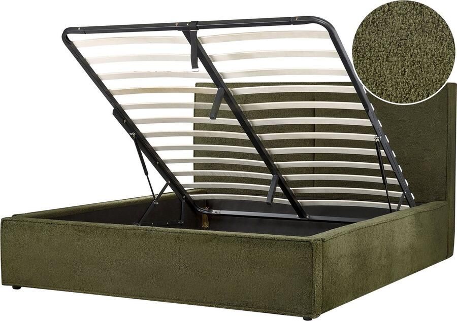 Beliani Bed met opbergruimte Bouclé MOISSAC 160 x 200 cm Donkergroen