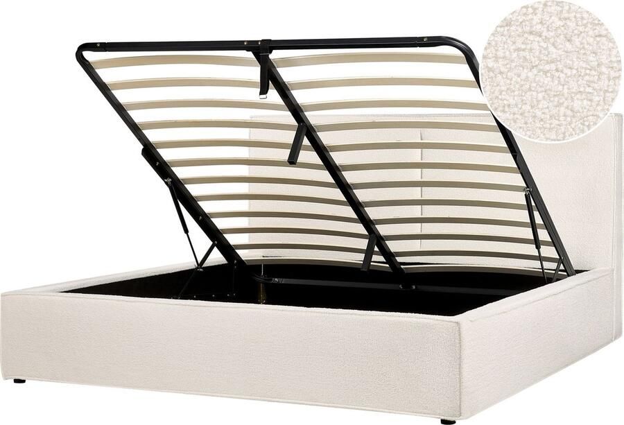 Beliani Bed met opbergruimte Bouclé MOISSAC 180 x 200 cm Gebroken wit