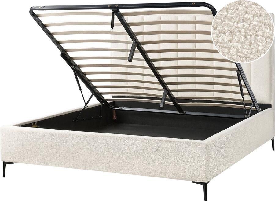 Beliani SEZANNE Bed met opbergruimte Gebroken wit 180 x 200 cm Bouclé