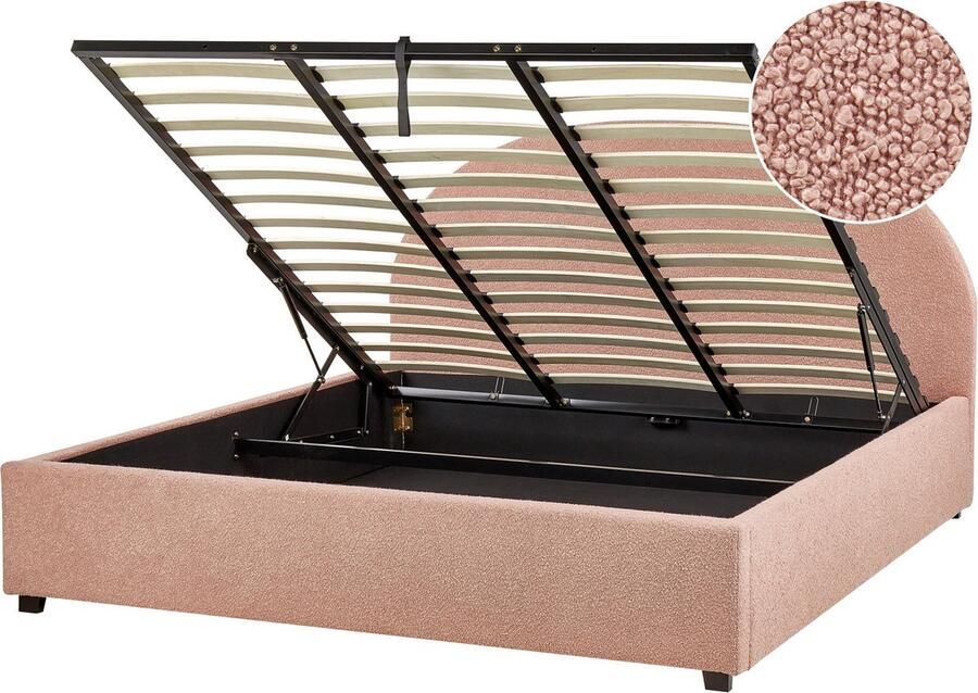 Beliani Bed met opbergruimte Bouclé VAUCLUSE 180 x 200 cm Pastelroze