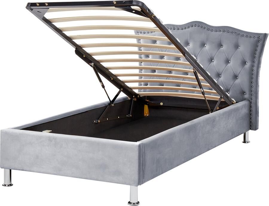 Beliani METZ Bed met opbergruimte Grijs 90 x 200 cm Fluweel