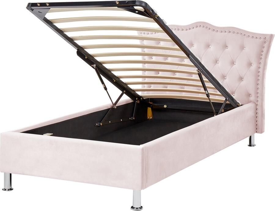 Beliani -METZ-Bed met opbergruimte-Pastelroze-90 x 200 cm-Fluweel