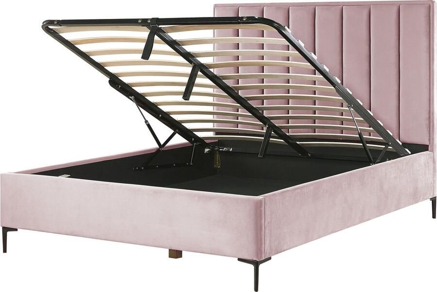 Beliani Bed met opbergruimte Fluweel SEZANNE 160 x 200 cm Roze