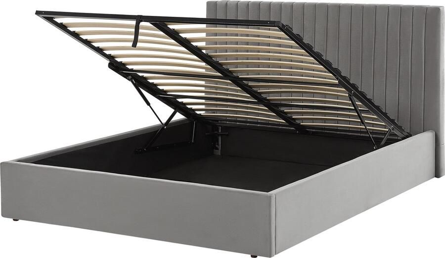 Beliani VION Bed met opbergruimte Grijs 160 x 200 cm Fluweel