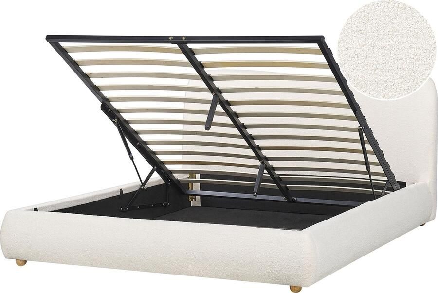 Beliani BLAGNAC Bed met opbergruimte Gebroken wit 160 x 200 cm Bouclé