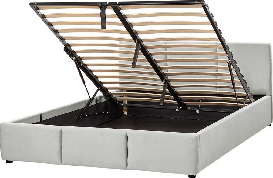 Beliani Bed met opbergruimte Fluweel BOUSSE 140 x 200 cm Lichtgrijs