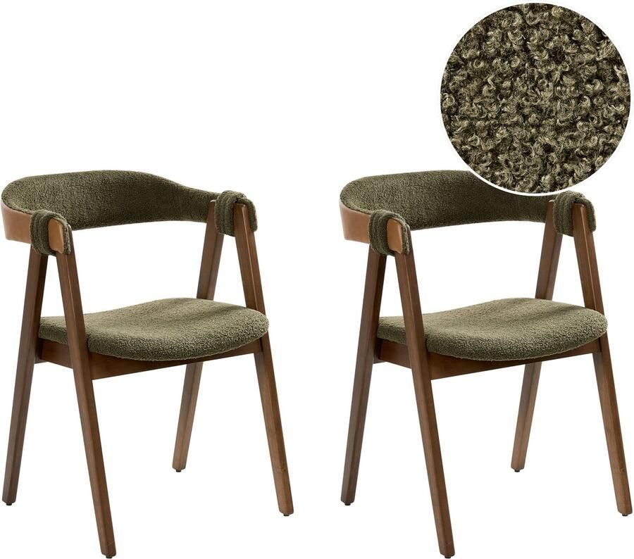 Beliani DAY Eetkamerstoel set van 2 Donkerbruin Groen Bouclé