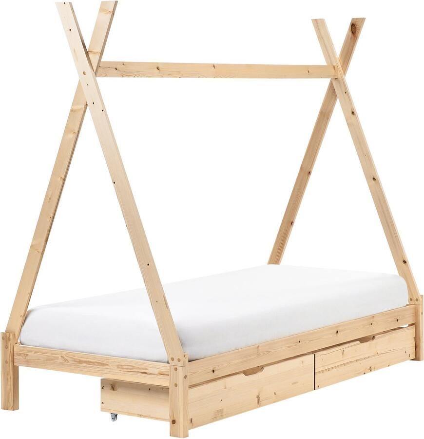 Beliani Kinderbed met laden Tent Dennenhout DEVAY 90 x 200 cm Lichtbruin