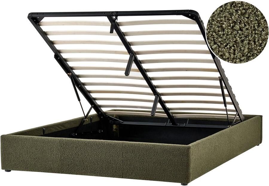 Beliani Opbergbed zonder hoofdbord Bouclé DINAN 140 x 200 cm Donkergroen