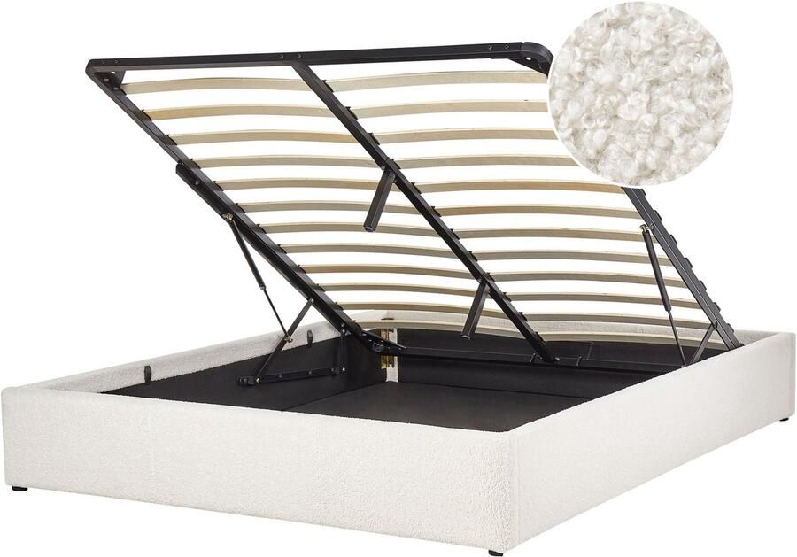 Beliani Opbergbed zonder hoofdbord Bouclé DINAN 160 x 200 cm Gebroken wit