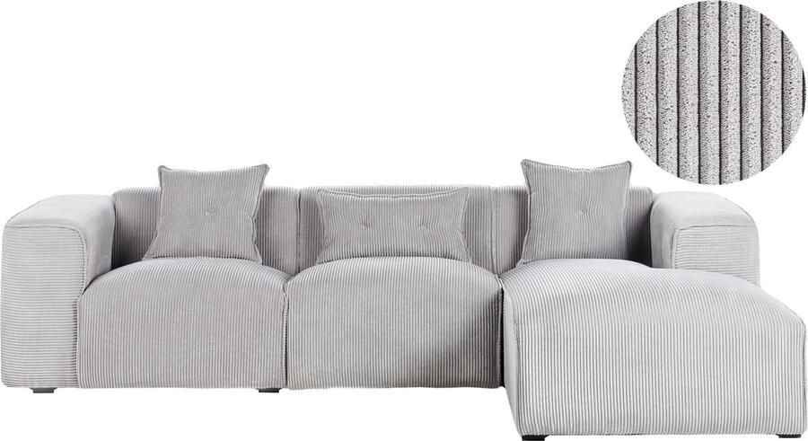 Beliani Hoekbank DOLVA Corduroy Lichtgrijs 3-zitter Linkerzijde