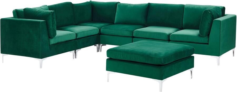 Beliani Modulaire hoekbank EVJA Fluweel Groen Met ottomaan 6-zitter Rechterzijde