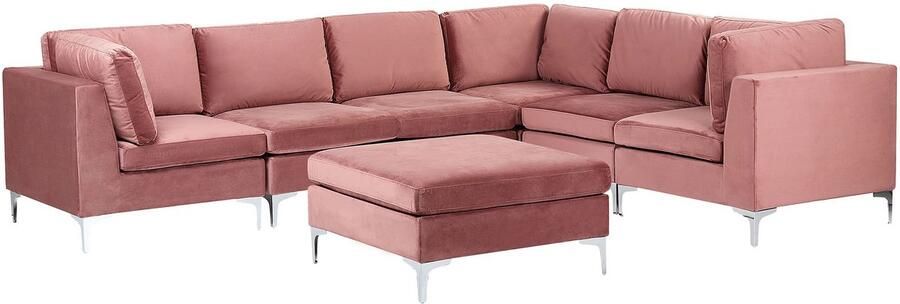 Beliani Modulaire hoekbank EVJA Fluweel Roze Met ottomaan 6-zitter Rechterzijde - Foto 2