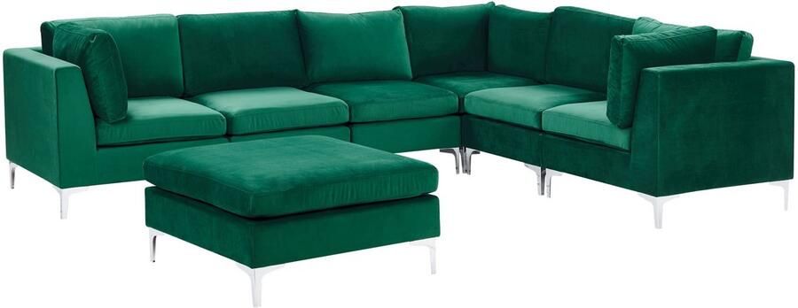 Beliani Modulaire hoekbank EVJA Fluweel Groen Met ottomaan 6-zitter Linkerzijde
