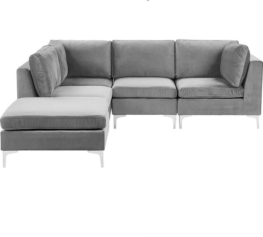 Beliani Modulaire hoekbank EVJA Fluweel Grijs Met ottomaan 4-zitter Rechterzijde - Foto 2