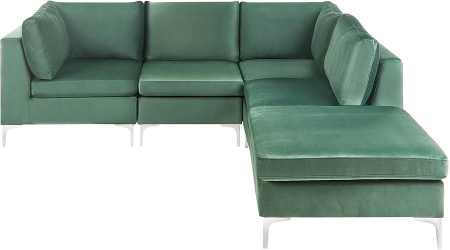 Beliani Modulaire hoekbank EVJA Fluweel Groen Met ottomaan 4-zitter Linkerzijde - Foto 2