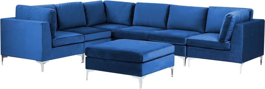 Beliani Modulaire hoekbank EVJA Fluweel Marineblauw Met ottomaan 6-zitter Rechterzijde - Foto 3