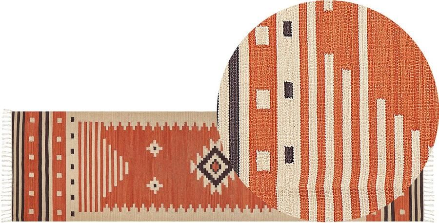 Beliani Vloerkleed GAVAR Oranje 80 x 300 cm Katoen Kelim