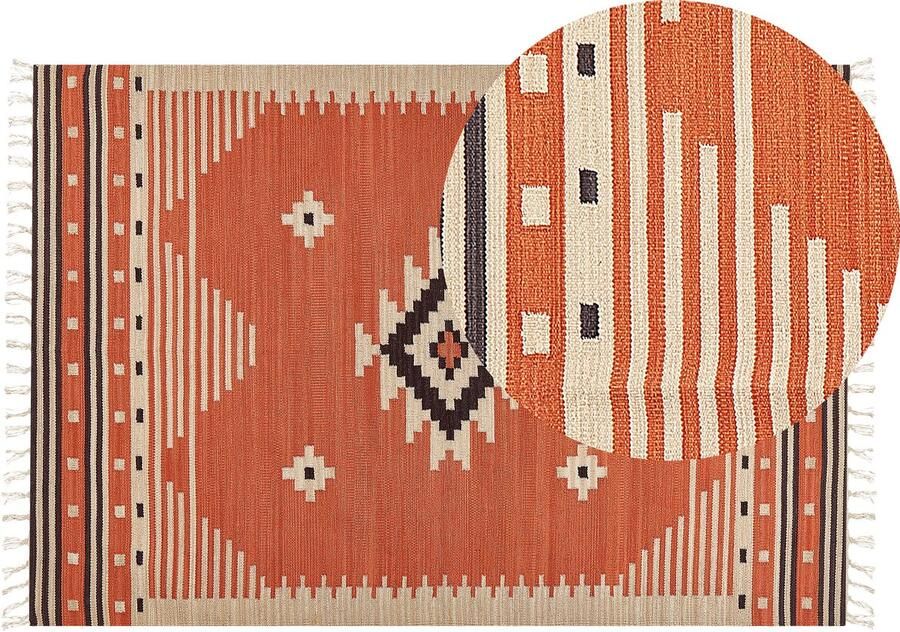 Beliani GAVAR Kelim vloerkleed Oranje 140 x 200 cm Katoen