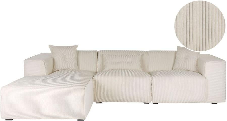 Beliani Hoekbank DOLVA Corduroy Gebroken wit 3-zitter Rechterzijde