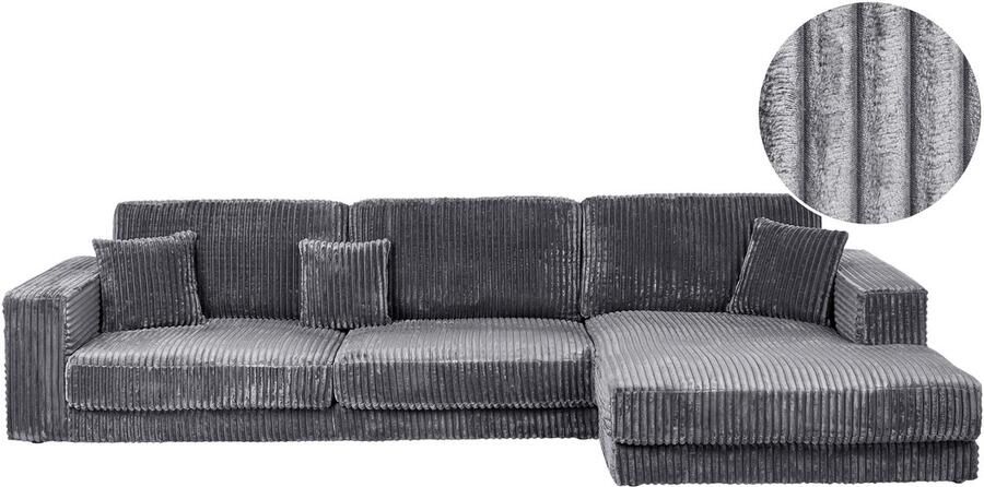 Beliani Hoekbank LOFOTEN Corduroy Donkergrijs 4-zitter Linkerzijde