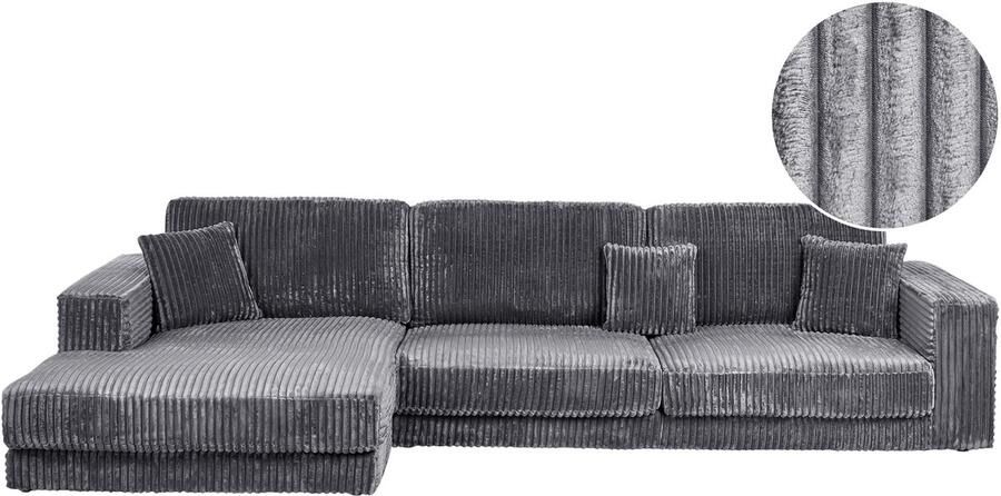 Beliani Hoekbank LOFOTEN Corduroy Donkergrijs 4-zitter Rechterzijde