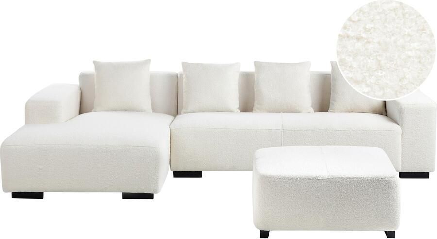 Beliani Hoekbank LUNGO Bouclé Wit Met ottomaan 4-zitter Rechterzijde