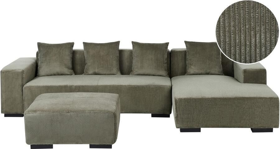 Beliani Hoekbank LUNGO Corduroy Groen Met ottomaan 4-zitter Linkerzijde