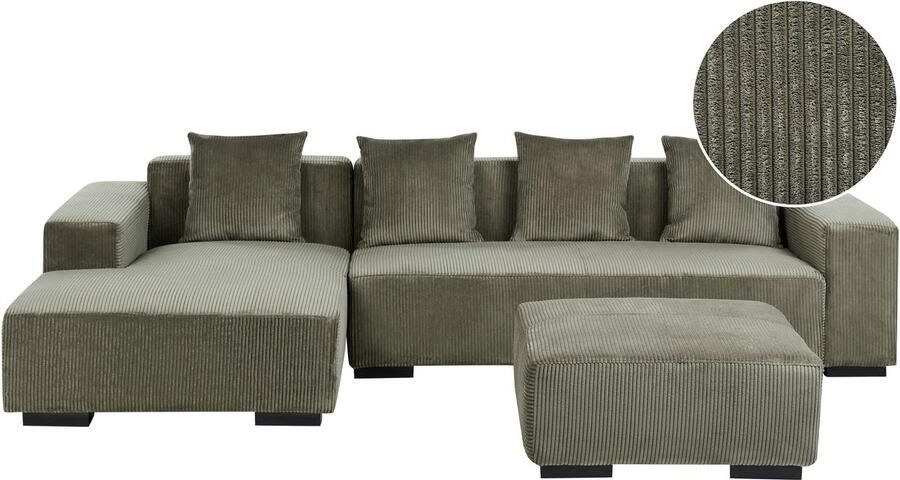 Beliani Hoekbank LUNGO Corduroy Groen Met ottomaan 4-zitter Rechterzijde
