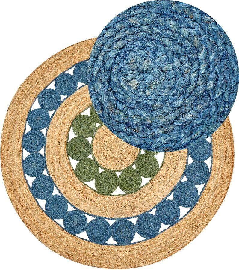 Beliani Vloerkleed jute blauw groen ⌀ 140 cm HOVIT