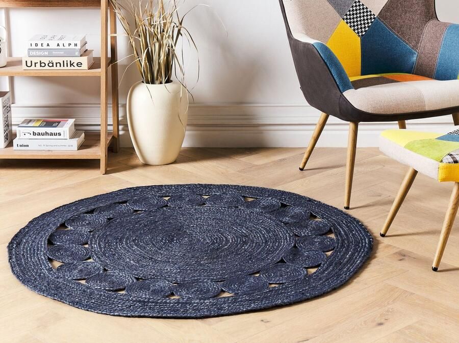 Beliani KOYUNLU Laagpolig vloerkleed Donkerblauw ø 120 cm Jute - Foto 2