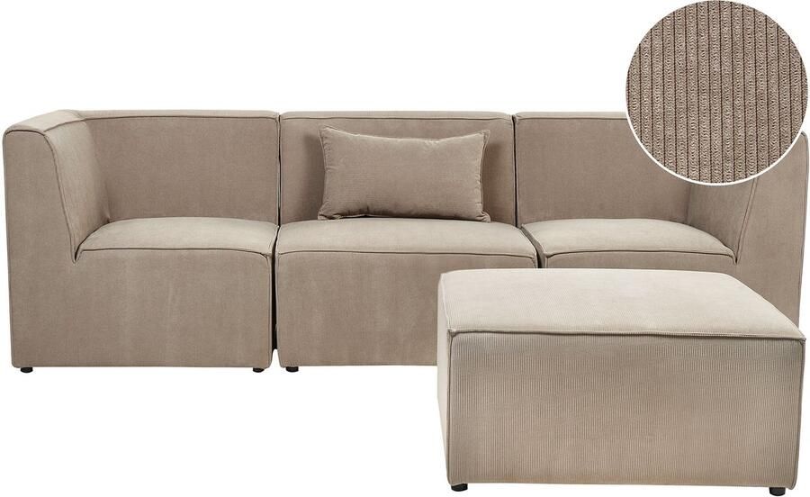 Beliani Modulaire bank LEMVIG Corduroy Taupe Met ottomaan 3-zitter