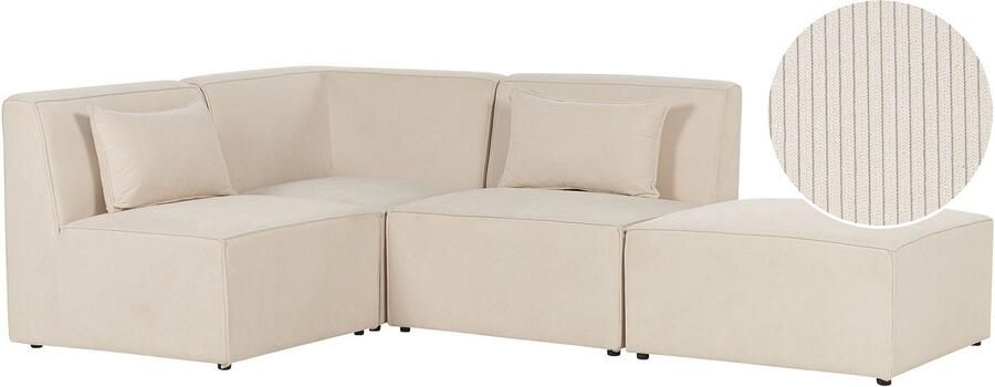 Beliani Modulaire hoekbank LEMVIG Corduroy Lichtbeige Met ottomaan 3-zitter Rechterzijde